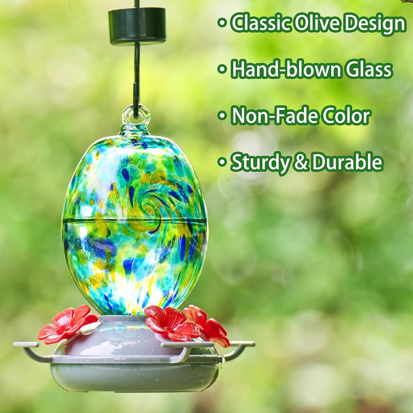 Muse Garden Hand Blown Glass Hummingbird Feeder - 19OZ Plastic Base Humming Bird Feeders for Outdoors Hanging, Garden Decor Gifts for Bird Lovers, Starry Night