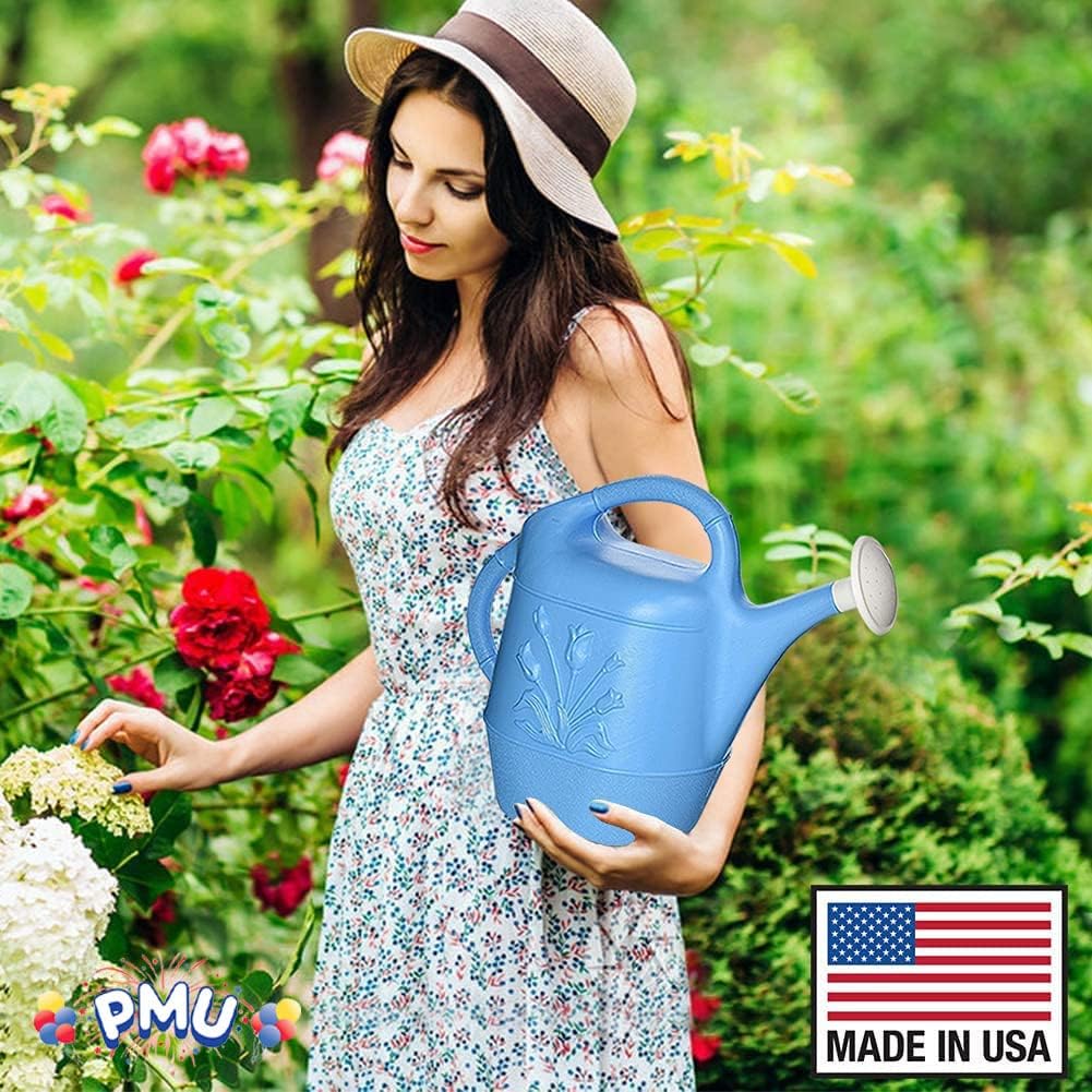 PMU 2 Gallon Watering Can - Garden Watering Can for Indoor & Outdoor Plants - Plastic Water Can with Detachable Sprinkler Head - Large Water Pot, Made in USA - Blue Pkg/1