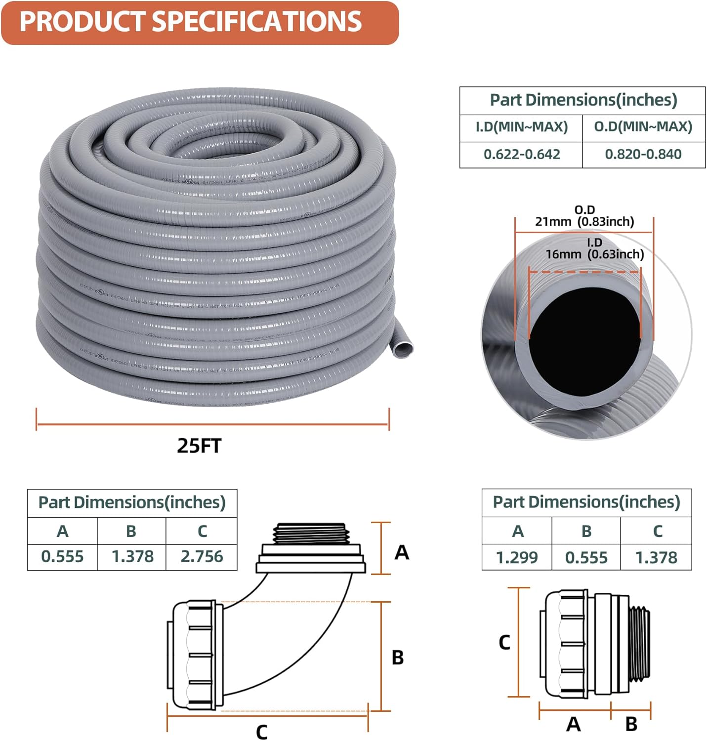 Liquid-Tight Conduit and Connector Kit 1/2inch 25ft, Flexible Non Metallic Liquid Tight Electrical Conduit w/UL Certification, Electrical Conduit Kit with 5 Straight, 5 Angle Fittings