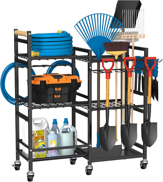 NADAMOO Garden Tool Organizer with Rolling Wheel, 3-tier Metal Shelf Yard Tool Holder, Utility Stand Rack for Garage Organization and Storage, Hold Long-Handled Rakes, Shovel, Broom