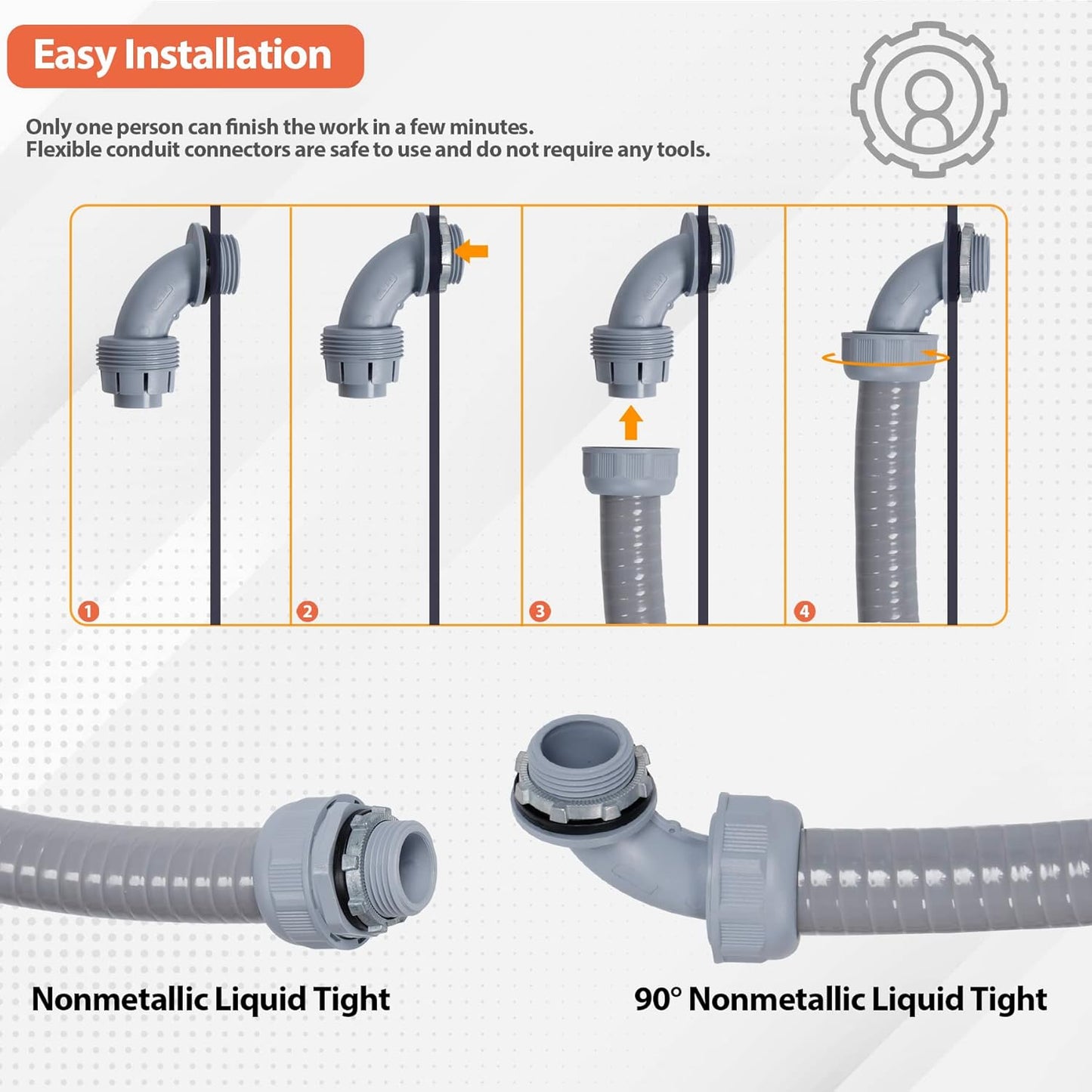 Liquid-Tight Conduit 3/4 150ft, Electrical Conduit w/UL Certification, Flexible Conduit with 5 Straight and 5 90-Degree Conduit Connector Fittings Gray
