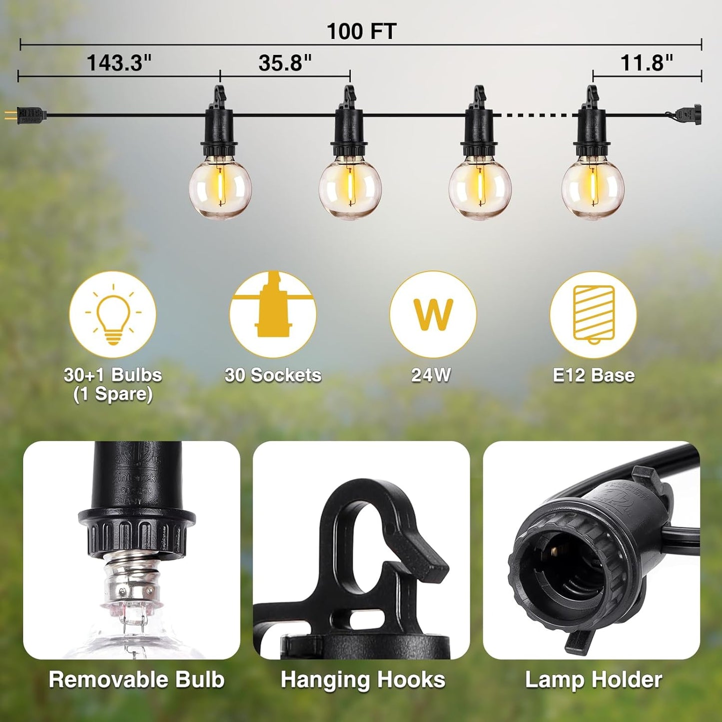 ZJOJO 100FT Outdoor String Lights, G40 Globe Outdoor Lights with 30 Shatterproof LED Bulbs (3 Spare), 2700K Hanging IP65 Waterproof Patio Light String Lights for Outside Backyard Porch Party