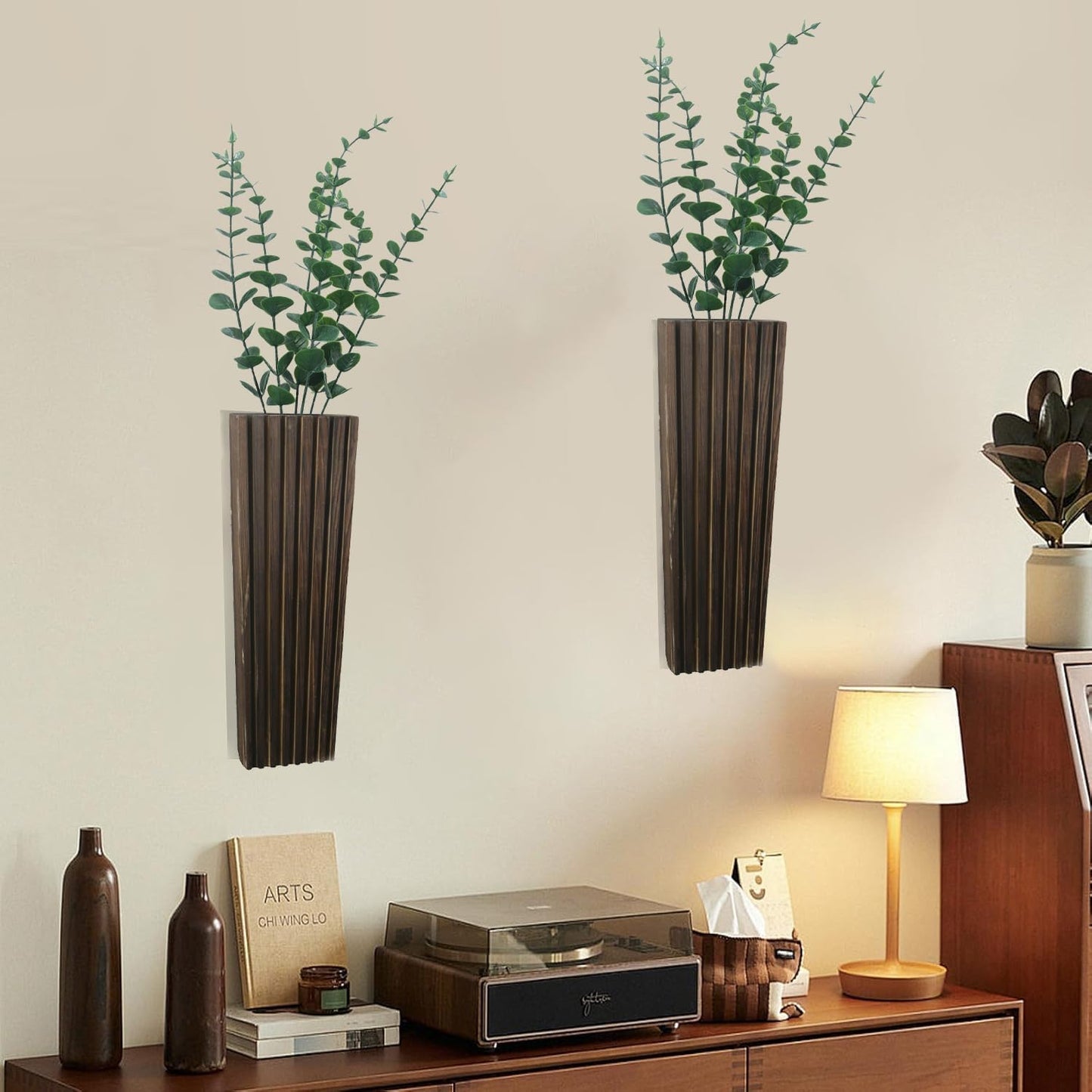 2Pack Brown Wood Wall Planter for Indoor +2Pack Green Plants,Modern Wooden Hanging Planter for Dried Flowers and Plants,Abstract Vase Farmhouse Wood Wall Decor (Brown)