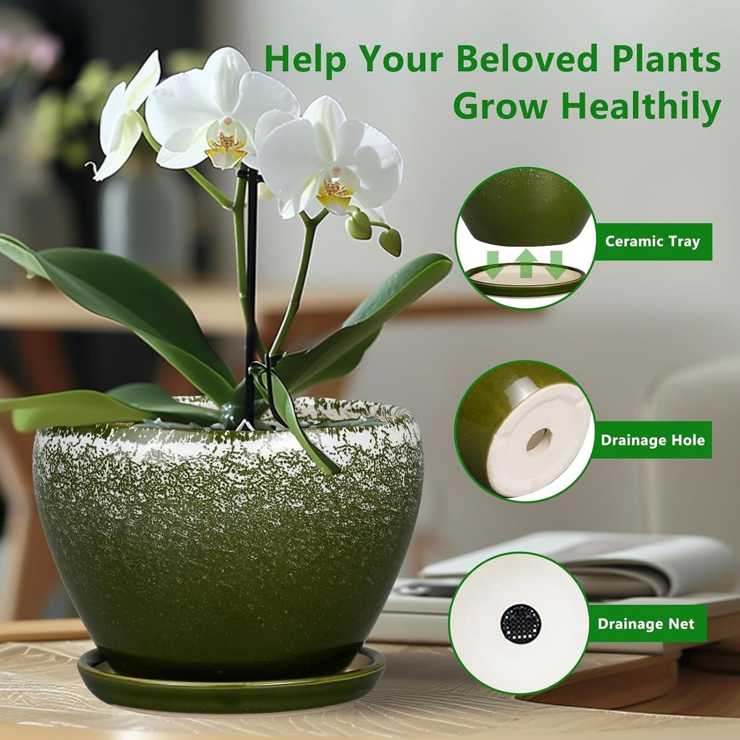 10 Inch Planter Pot - Ceramic Pots for Plants with Drainage Hole and Saucer, Round Large Flower Pot for Indoor Plants, Dark Green
