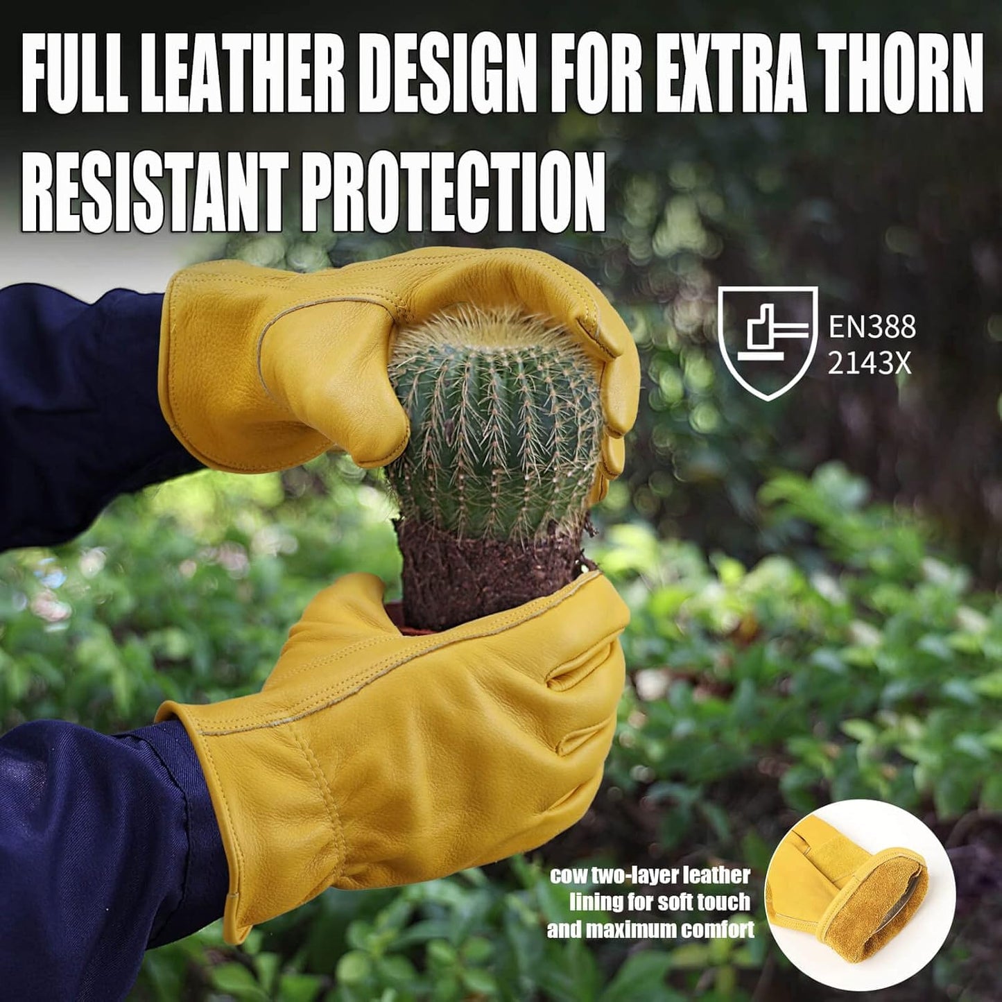 OZERO Flex Grip Leather Work Gloves Stretchable Wrist Tough Cowhide Working Glove 1 Pair (Gold, X-Large)