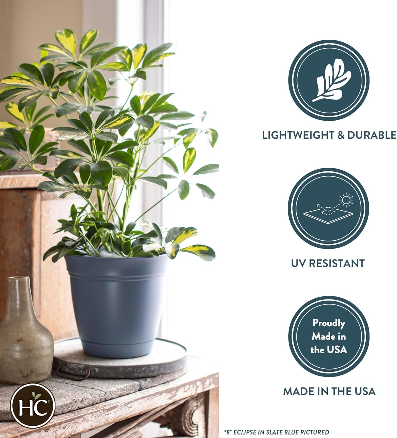 The HC Companies Eclipse Round Planter with Saucer - Outdoor & Indoor Plant Pot with Drainage Holes - Lightweight, UV-Resistant Plastic Pots for Plants, Flowers & Herbs (12" Clay, Pack of 1)
