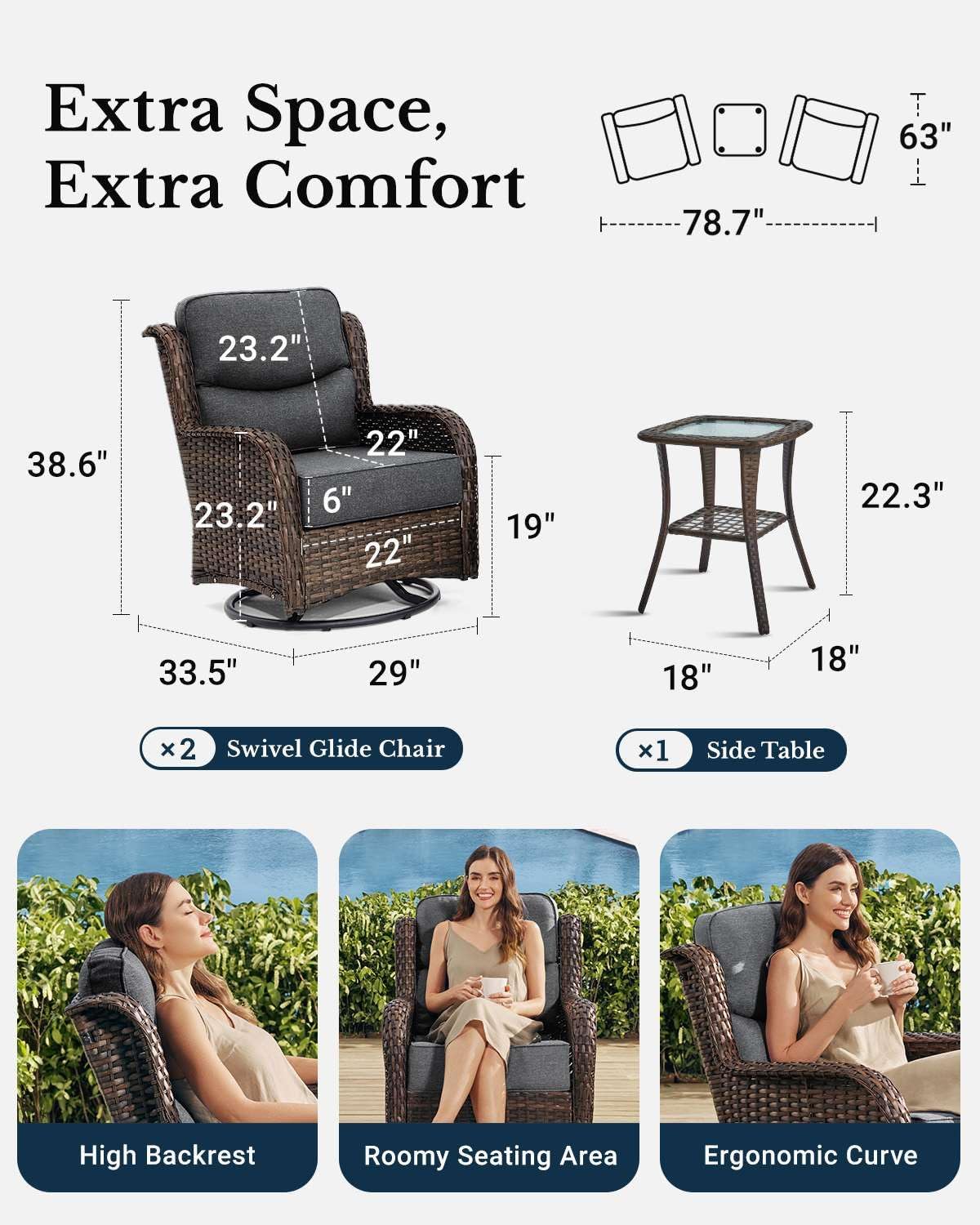 HILLGA Luxury Patio Furniture Set with 6-inch Thick Cushion, Outdoor High Back Swivel Rocker Patio Chairs, 3PCS Wicker Conversation Set for Deck Yard and Poolside, Dark Grey (V2)