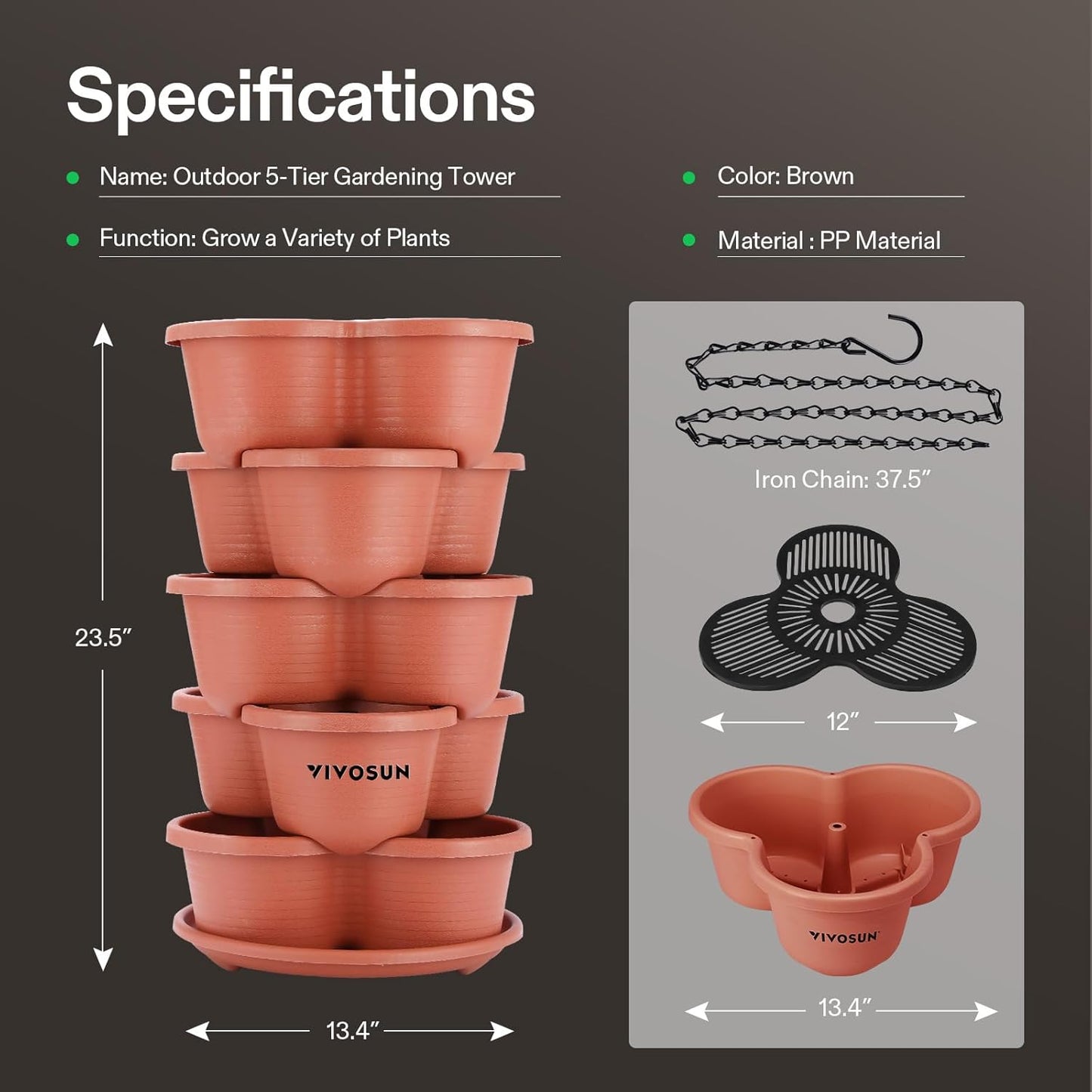 VIVOSUN 2-Pack 5 Tier Vertical Gardening Stackable Planter for Strawberries, Flowers, Herbs, Vegetables, Brown