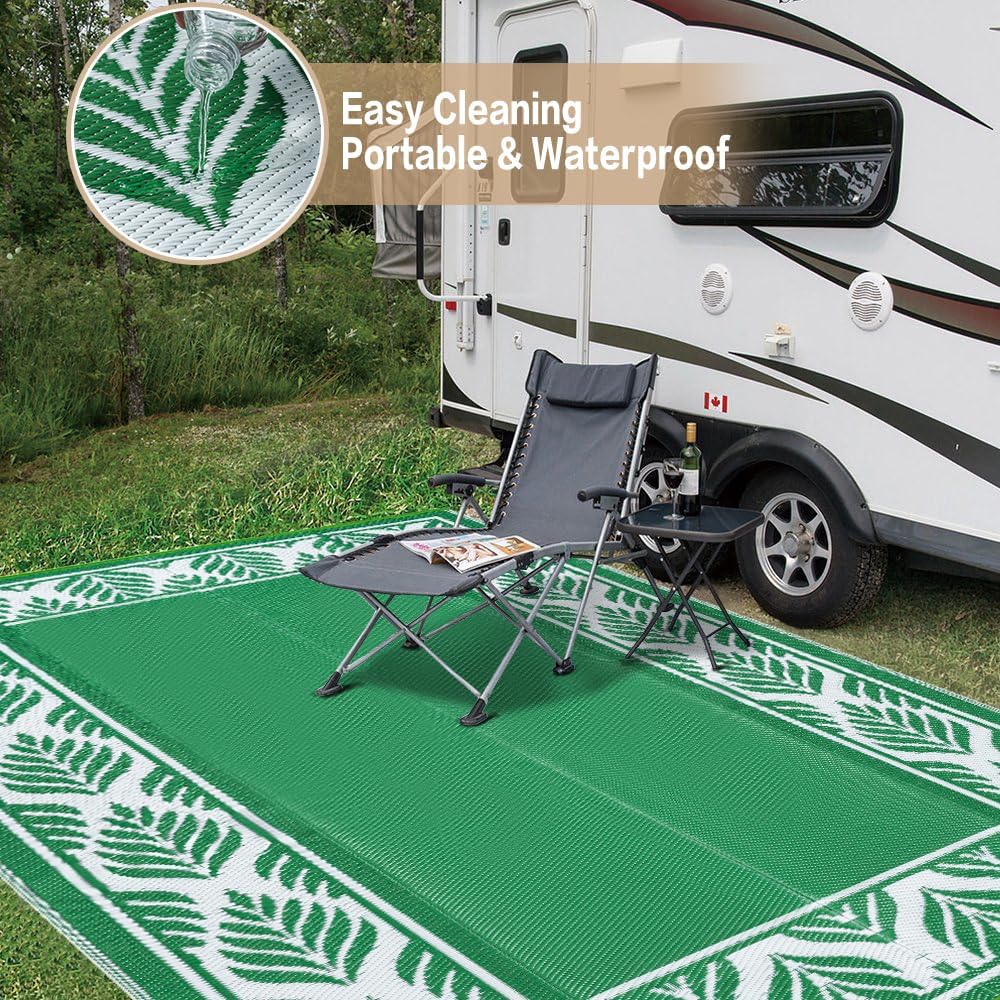 8x10 Patio Waterproof Outdoor Rug Outrside Camping Carpet RV Area Rug Reversible Green Rugs for Deck Entryance Porch Picnic Balcony Beach