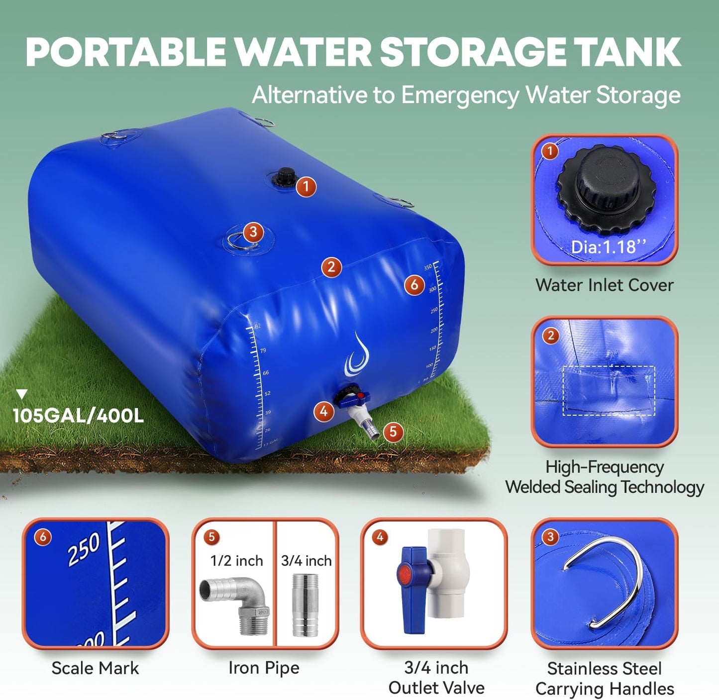 LANUEVA 105 Gal/400L Portable Water Storage Bladder, 1000D PVC Foldable Water Tank with Spigots and Overflow Kit, Water Storage Containers for Emergency Water, RV, Irrigation&Camping (Blue, 400L)