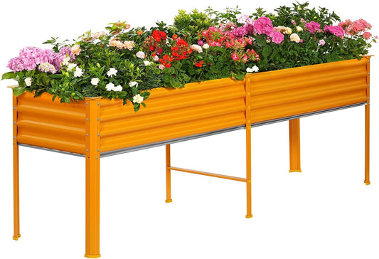 Land Guard Galvanized Raised Garden Bed with Legs, 96×24×32in Raised Garden Beds Outdoor with Drainage Holes, Planter Boxes Outdoor for Backyard, Patio, Balcony, 800lb Capacity, Cream Yellow