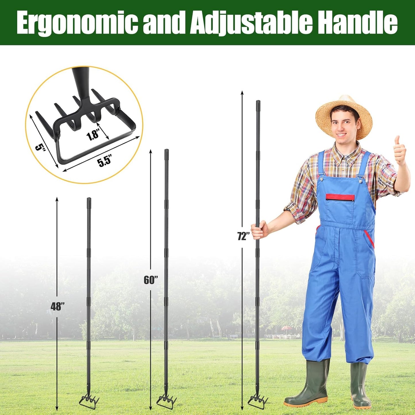 2-in-1 Garden Hoe Tool, Adjustable Length from 37 to 60inch, Ergonomic Design for Weeding and Raking, Durable and Rust-Proof Blade, Save Time and Effort