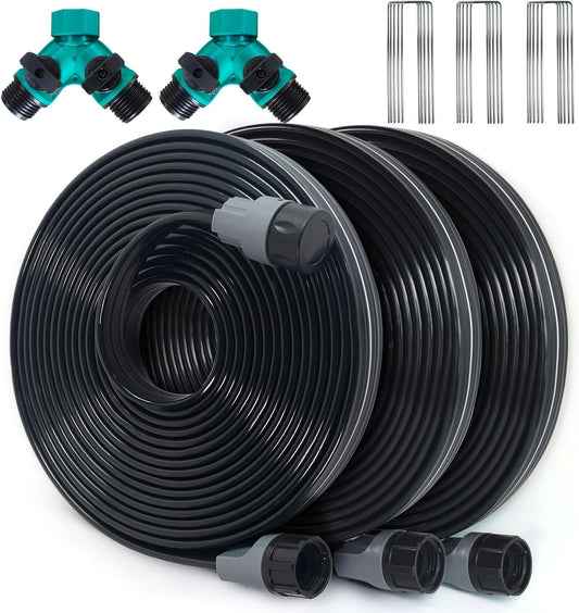 Sprinkler Hose with Holes 75 Ft (25 ft 3pack), Flat Soaker Hose 75 ft with Garden Staples and Splitters, Drip Line Irrigation Hoses for Lawn, Vegetable Watering Hose (75 ft)