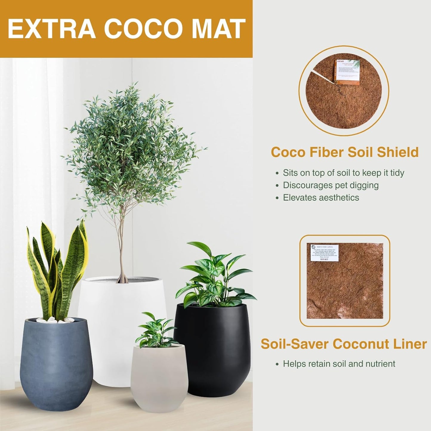 16.5" H x 15" D Corso Fiberstone Round Tapered Planter with Drainage Hole, Smooth Finishes, Weather Resistant for Indoor & Outdoor Use, Included 2 Extra Coco Mats (White, 11.5" Pot Opening)