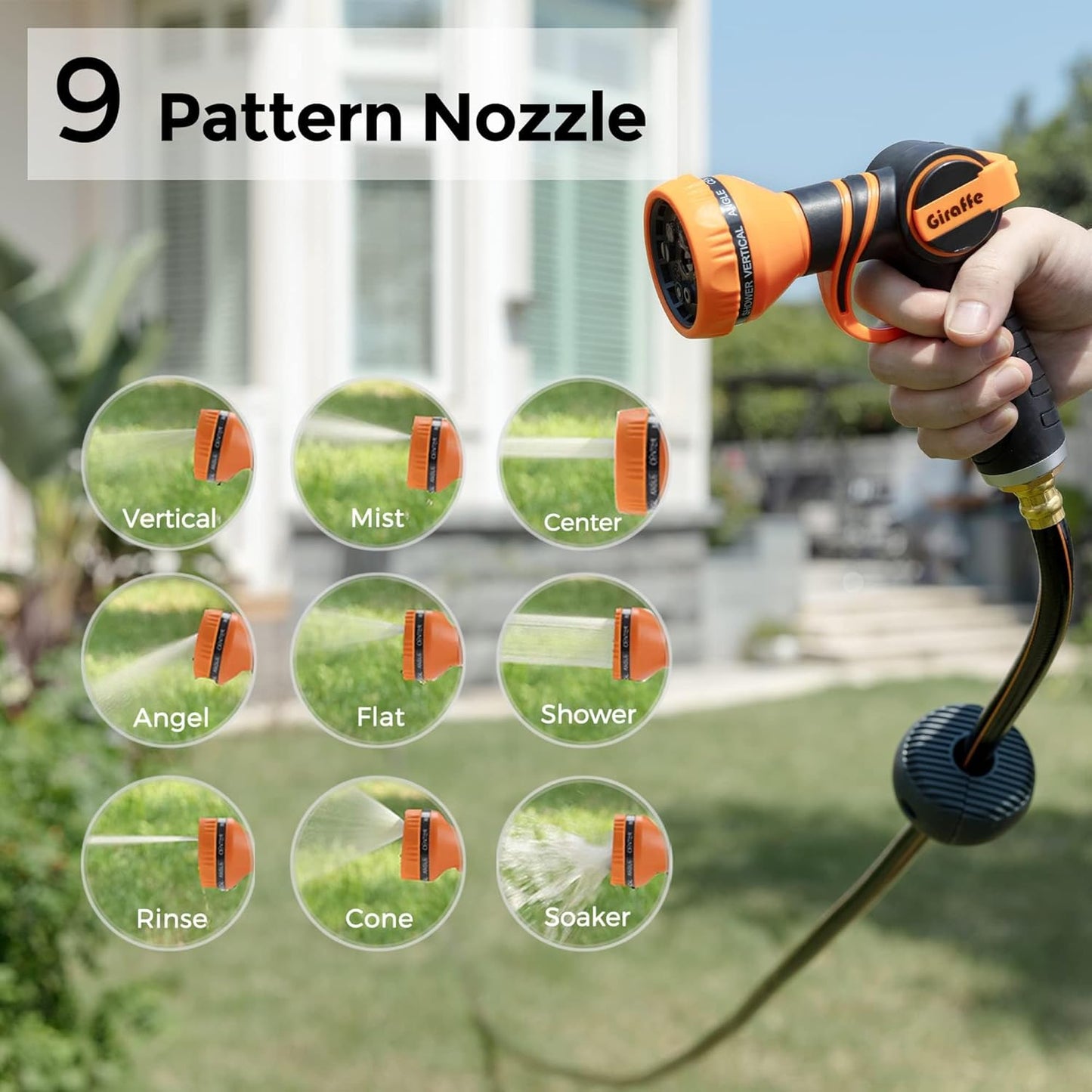Giraffe Tools Retractable Garden Hose Reel 5/8 inch x 90 ft Hose Reels for Outside, Wall Mounted Water Hose Reel with 180 Deg Swivel Bracket, Any Length Lock, 9 Pattern Hose Nozzle