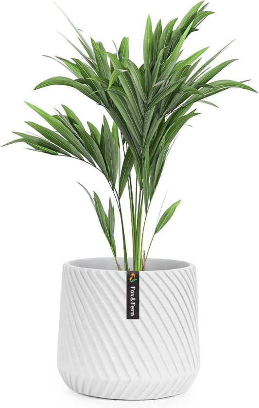 Fox & Fern 8 Inch Plant Pot with Drainage Plug — Premium Polystone White Plant Pot; Modern Planter with 3D Texture and Ceramic Finish; 8 Inch Pots for Plants Indoor & Outdoor; Lightweight