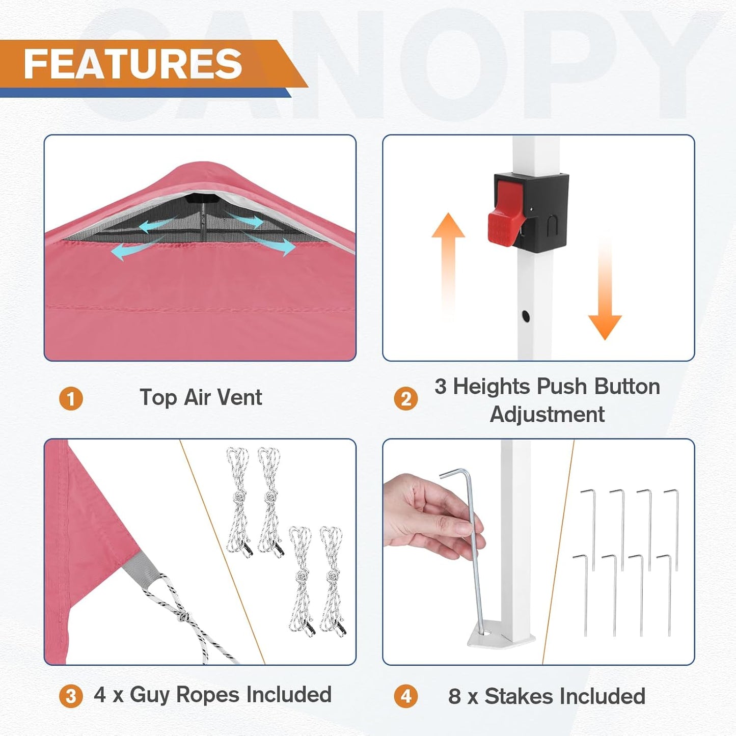 EAGLE PEAK Pop Up Canopy Tent with 1 Sidewall, Easy Setup Event Tent, Outdoor Sun Shade, Wheeled Carry Bag, Stakes and Guy Ropes, Instant Canopy 10x10, Peach Pink