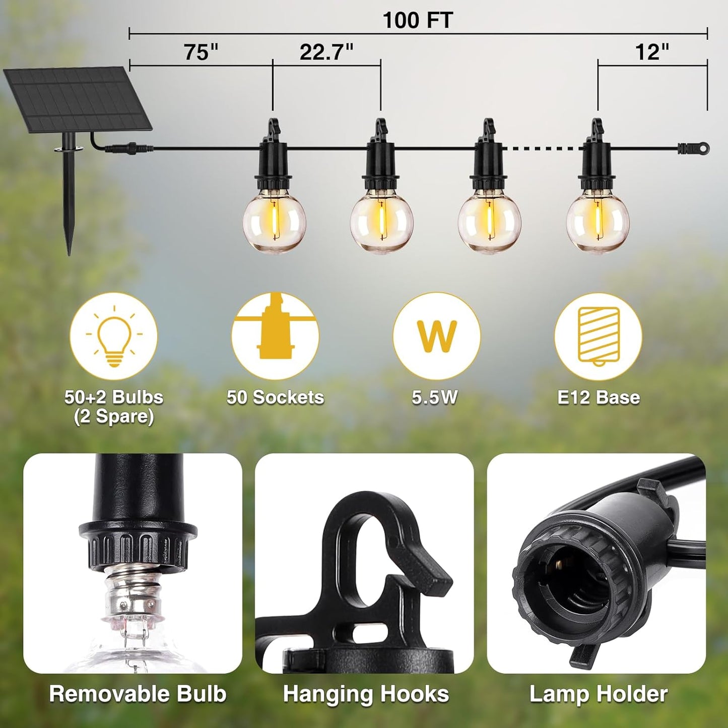 ZJOJO Solar Outdoor String Lights Waterproof, 100FT G40 Globe Patio Lights String Lights Solar Powered with 50 Edison Bulbs 2700K Shatterproof Hanging Lights for Porch Backyard Pergola Bistro