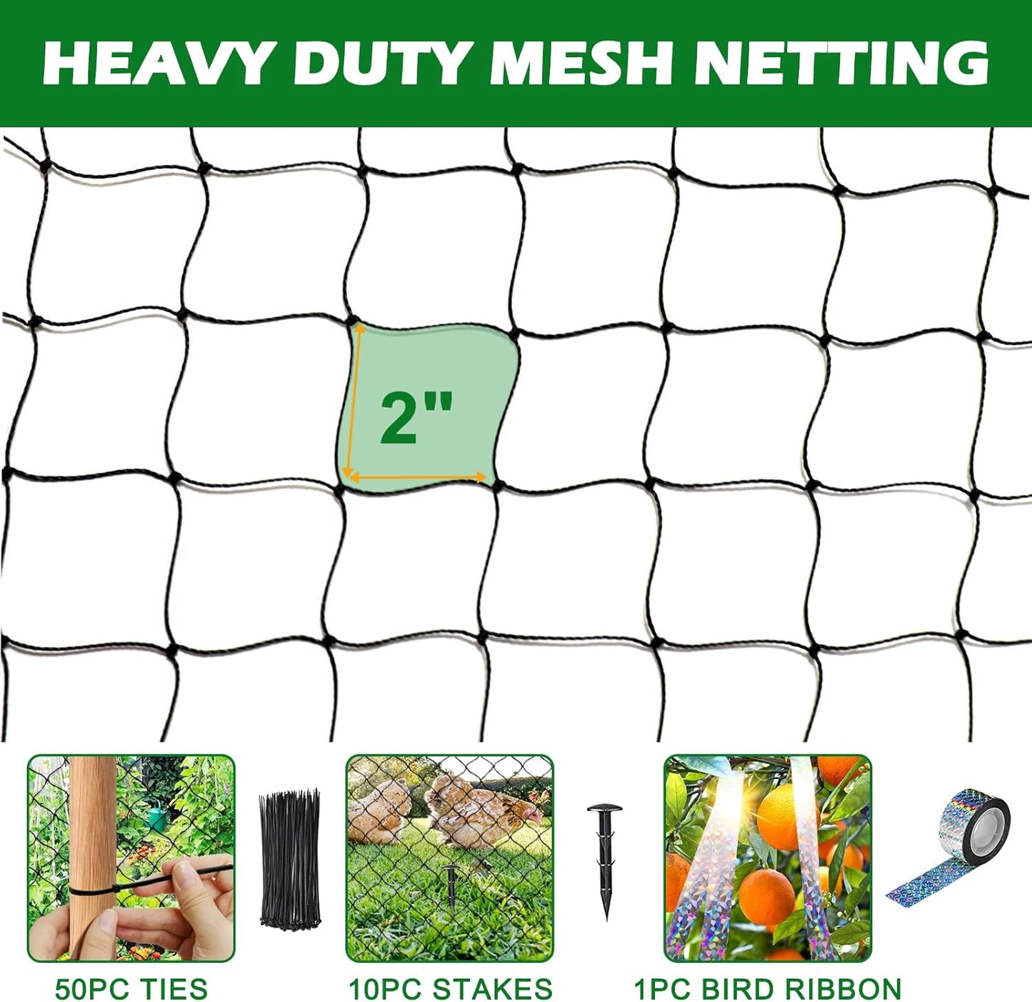 Bird Netting 25'x50' with 2" Mesh Garden Net with Bird Scare Tape, Avian Nettings for Chicken Coop Roof, Heavy Duty Nylon Nettings for Garden, Chicken Coop Netting Fruit Tree Net
