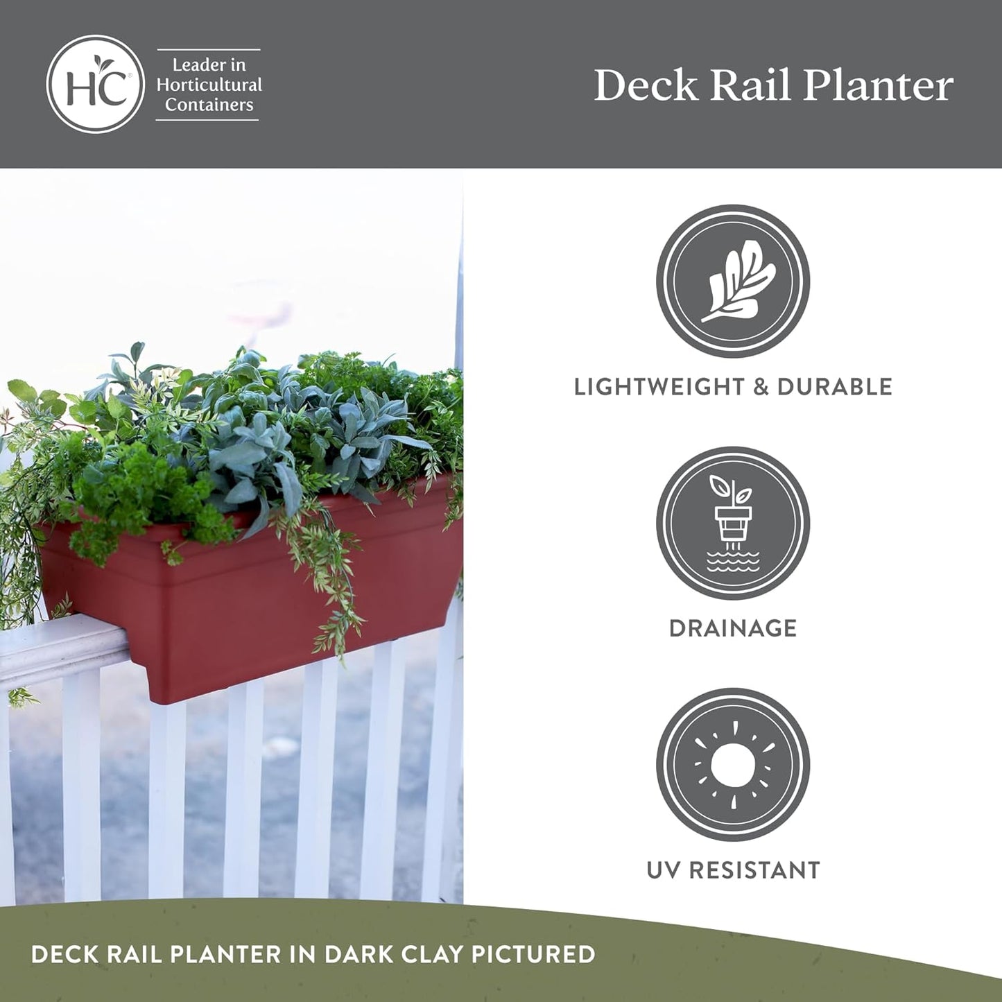 The HC Companies Deck Railing Planter Box w/Removable Drain Plugs - Lightweight & Weatherproof Plastic Flower Box - Balcony Planters for Railing and Fence (24”, Chocolate)