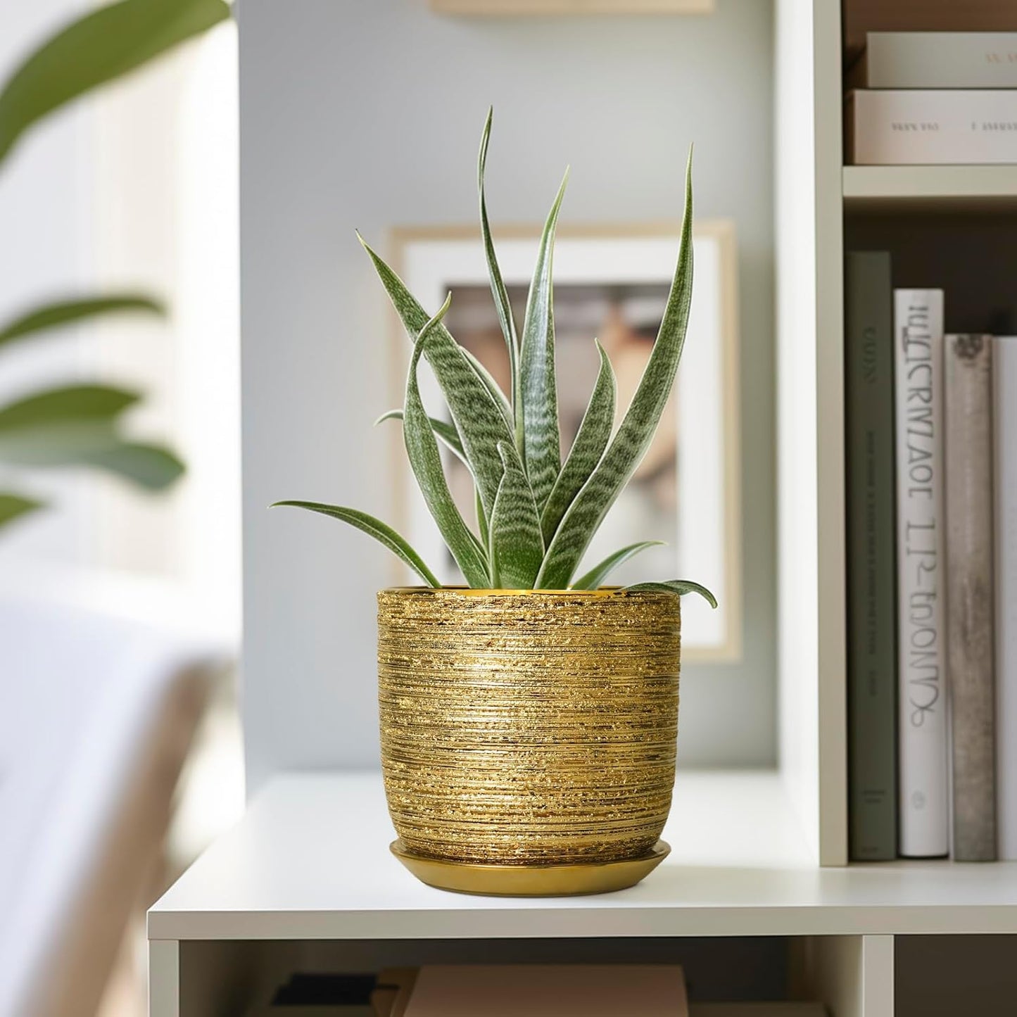 Succulent Pot 5 Inch - Ceramic Plant Pot for Indoor Flowers, Decorative Round Indoor Planter with Drainage Hole and Saucer, Plant Lover Gifts, Patio Office Home Room Decor, Gold