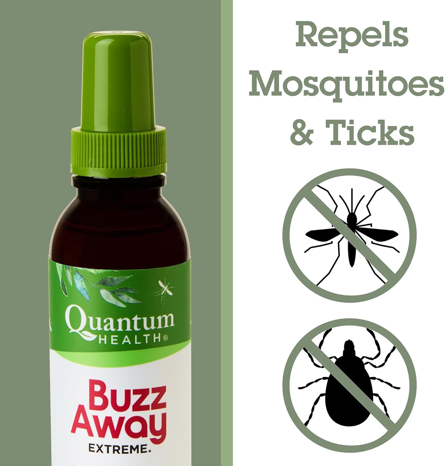Quantum Buzz Away Extreme Tick & Mosquito Repellent - Powerful DEET Free Peppermint & Citronella Oil Outdoor Bug Spray Repels Bugs Off Your Skin, Kids Safe Insect Repellent - 4 fl oz