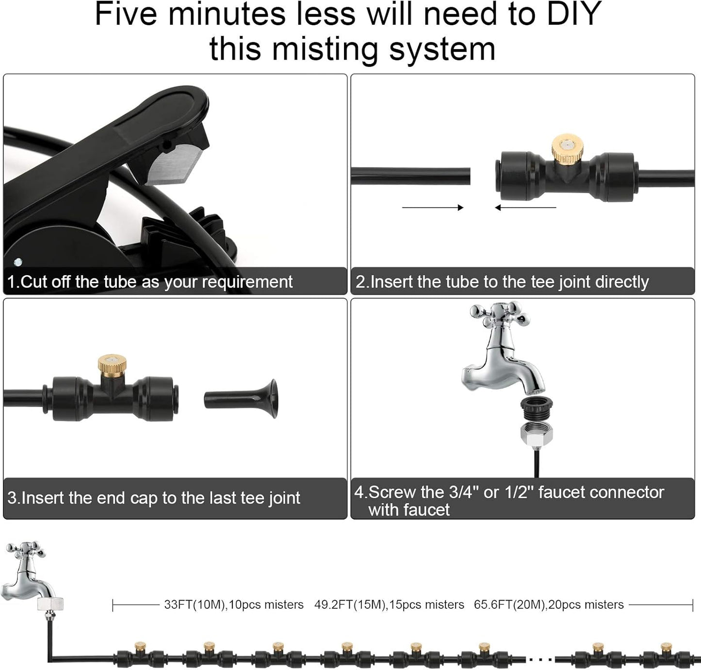 Misting Cooling System, DIY 65.6FT(20M) Misting Line +20 Brass Mist Nozzles+ a Brass Connector(3/4'') Outdoor Mister System for Patio Waterpark Garden Trampoline Greenhouse