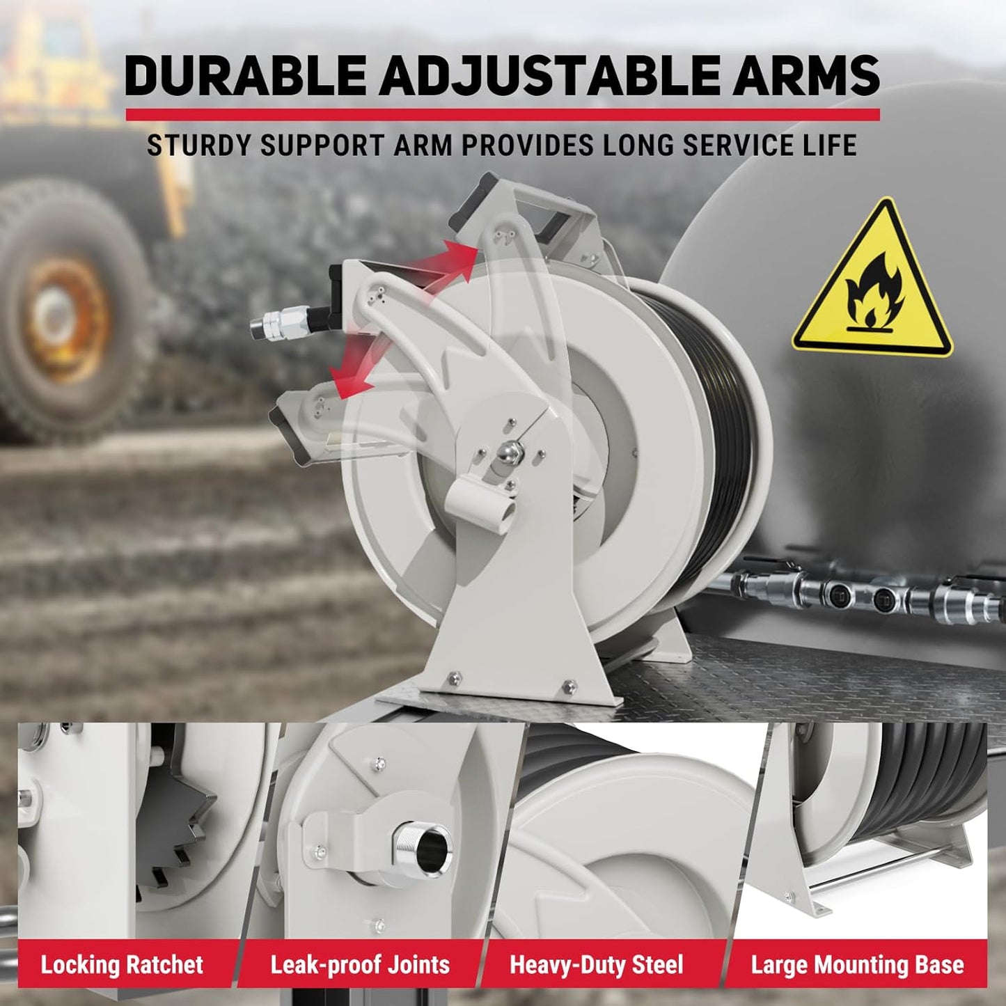 Diesel Fuel Hose Reel 1" x 50FT 300PSI Retractable Fuel Hose Reel Heavy-Duty Steel Ratchet Spring Driven Professional Diesel Hose Reel Auto Swivel Rewind with Fuel Nozzle for Vehicle Tank Truck Ship