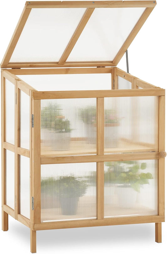 MCombo 2 Tier Foldable Cold Frame Greenhouse, Portable Wooden Greenhouse Garden Cold Frame Raised Planter Box with Shelves, 0122 (Natural)