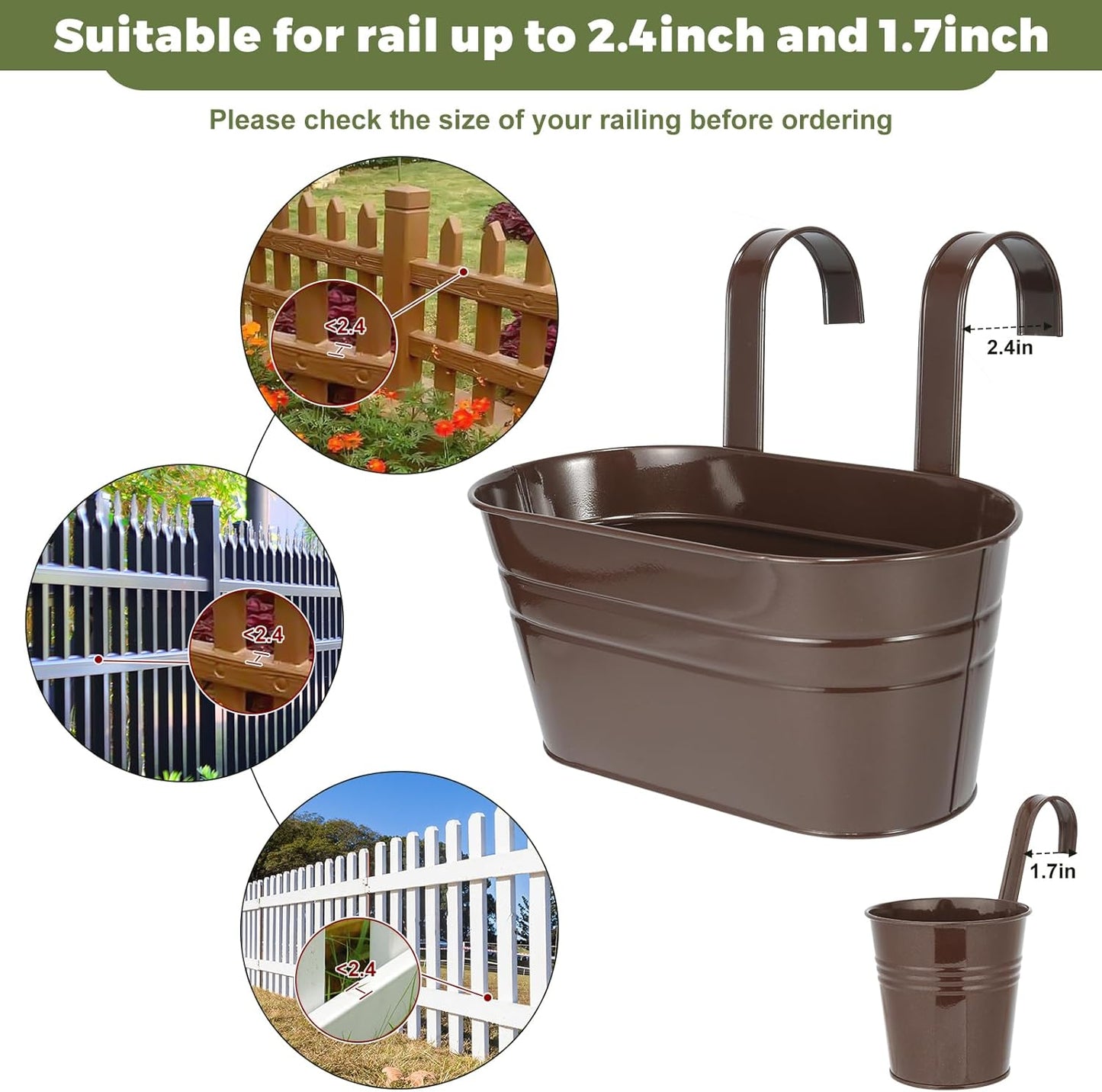3 Different Size Metal Iron Hanging Flower Pots 10 Pcs for Outdoor Plants Metal Hanging Bucket Pots Iron Railing Fence Planter with Drainage Holes and Hooks for Porch Railing Balcony Fence (Bronze)