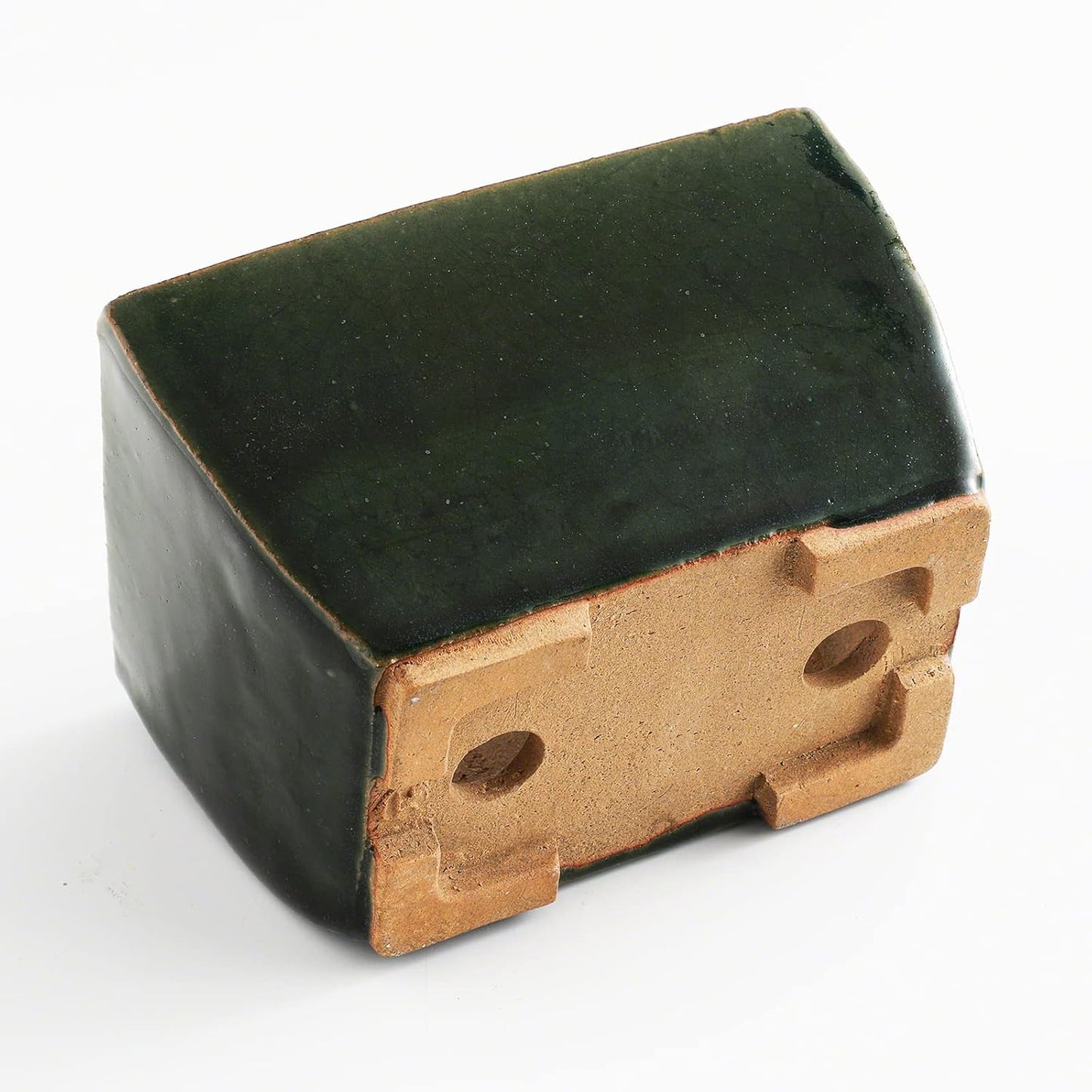 Wazakura Tokoname Series Small Handmade Rectangular Olive Green Glazed Bonsai Pot with Drainage Holes 5.3 in (135 mm) Made in Japan, Ceramic Garden Container, Decorative Flower Planter