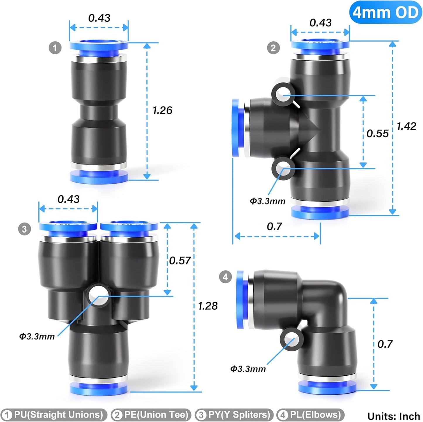 TAILONZ PNEUMATIC 10mm od Push to Connect Fittings Pneumatic Fittings Kit 2 Spliters+2 Elbows+2 tee+2 Straight (8 pcs)