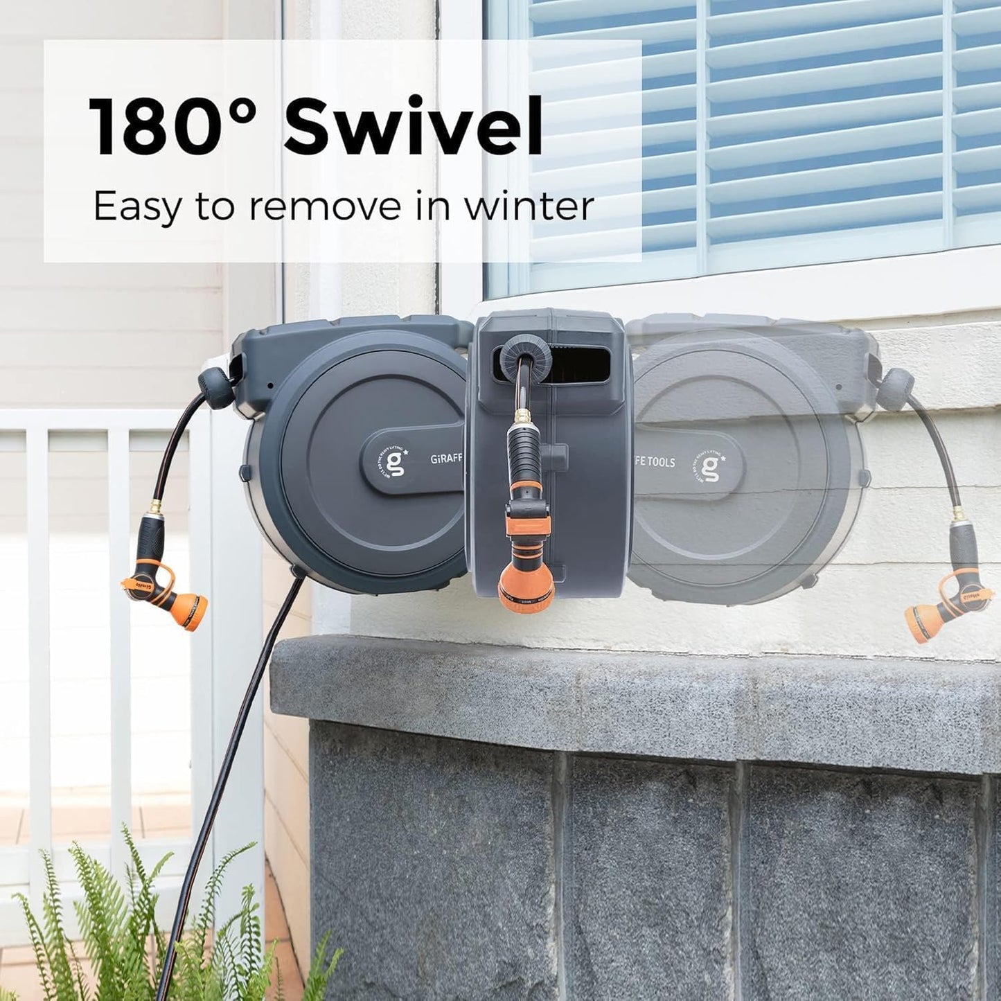 Giraffe Tools Retractable Hose Reel 5/8" x 90 ft Wall Mounted Garden Hose Reel Heavy Duty, Automatic Rewind, 180 Deg Swivel, Any Length Lock, 9 Pattern Nozzle, 90 ft, Dark Grey