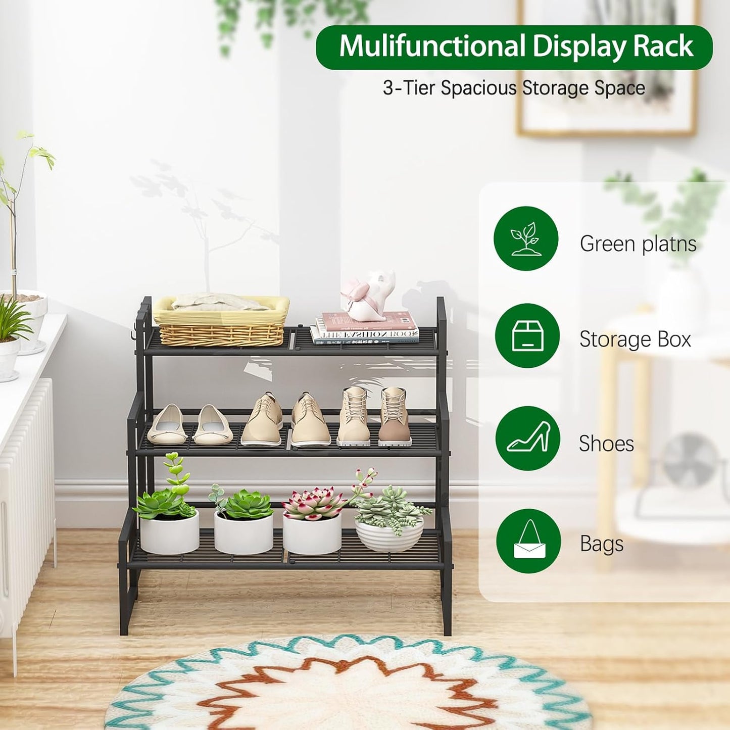 Garden 4 you 3 Tier Metal Plant Stand Outdoor Indoor Waterproof, Stackable Heavy Duty Tall Plant Shelf Flower Pot Holder for Garden, Display Rack, Black