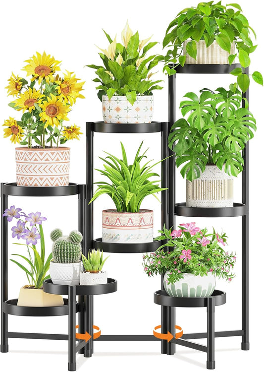 LASZOLA 8 Tiered Folding Plant Stand Indoor for Multiple Large Planter, Tall Heavy Duty Adjustable Rack with Rust Proof 10 Inch Wide Tray, Sturdy Vertical Tree Organizer for Narrow Inside Floor, Black