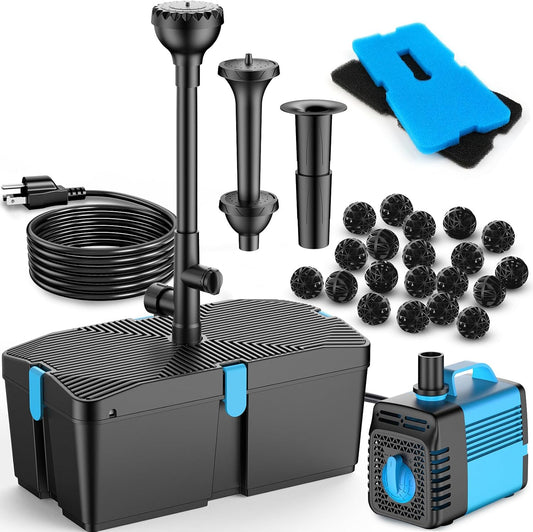 Pond Filters for Outdoor Ponds, 820 GPH Pond Filter with Fountain Pump Kits, 60W Pond Pump and Filter Kit for Koi Pond Clean, Garden Fountains, Waterfall