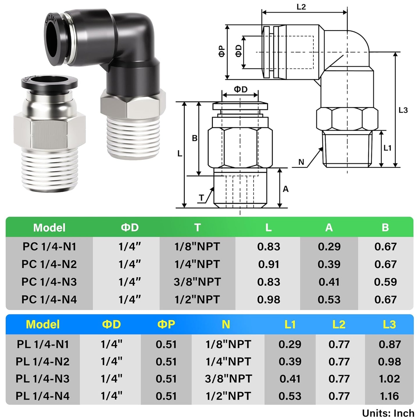 TAILONZ PNEUMATIC Elbow and Straight Combination 1/4 Inch Tube OD x 1/8 Inch NPT Thread Push to Connect Fittings PC-1/4-N1+PL-1/4-N1(Pack of 12)