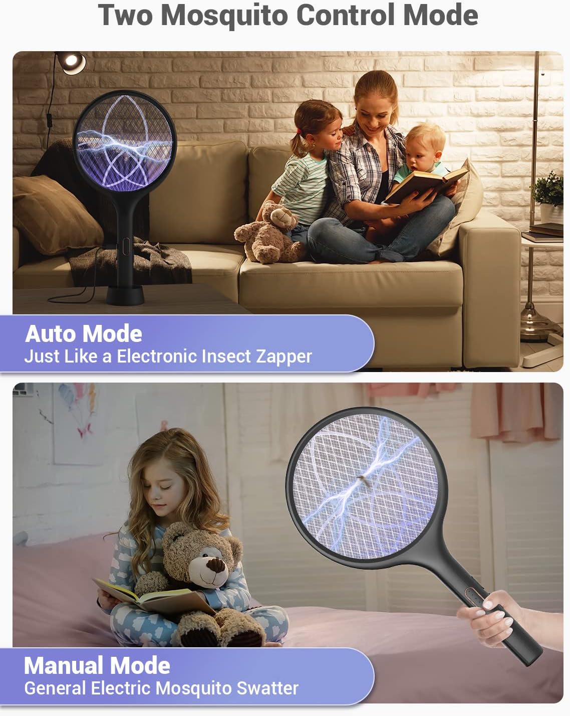 YISSVIC Electric Fly Swatter Bug Zapper Racket Dual Modes Mosquito Killer with Purple Mosquito Light Rechargeable for Indoor Home Office Backyard Patio Camping (Black 2 Pack)