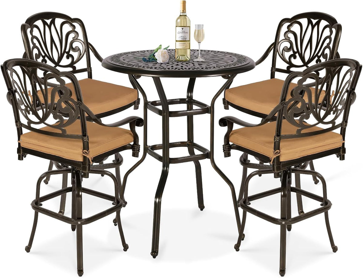 5 Pieces Patio Swivel Bar Set, Patio Bar Table and Chairs Set, All-Weather Cast Aluminum Outdoor Swivel Bar Stools of 4 and 35.4" Bar Height Table, High Top Bistro Set for Deck, Pool, Garden