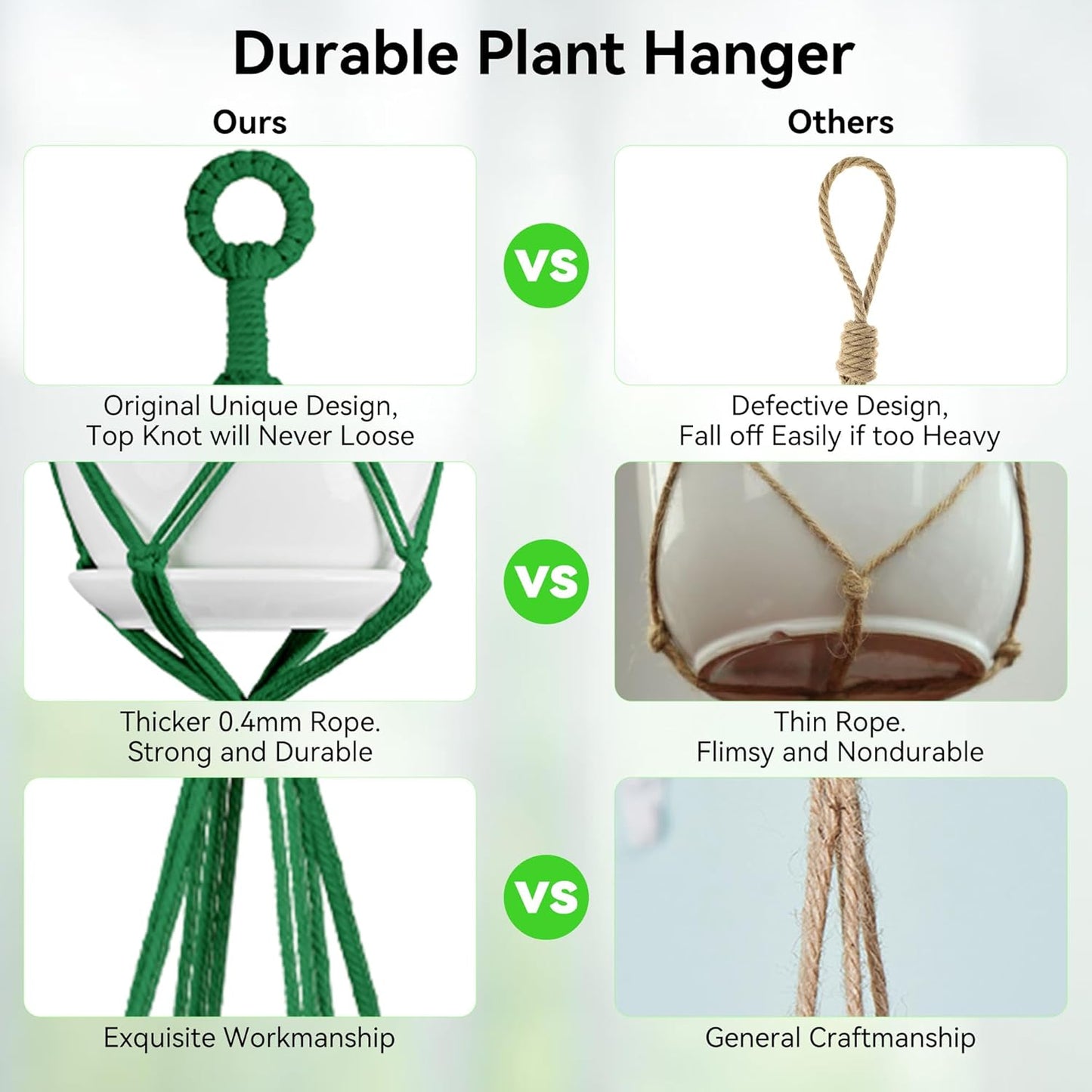 USLAI Macrame Plant Hanger Indoor Outdoor, Up to 4-15 inch Pot, Heavy 20lb Planters, Extra Long Strong Hanging Planter Basket Holder, Boho Home Decor, 35+72 Inch, Green (POTS NOT Included)