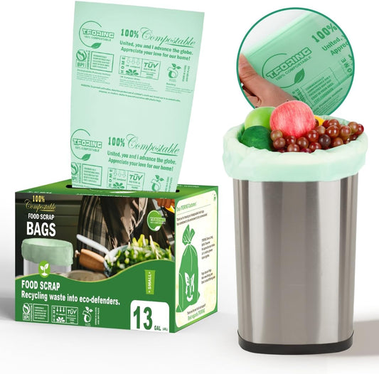 Tall Kitchen Compost Bags 13 Gallon, 49.5 Liter, 0.9 Mil,45 Count Compostable Trash Bags, Food Scrap Waste Bags, ASTM D6400, US BPI, CMA and Europe OK Compost Home Certified