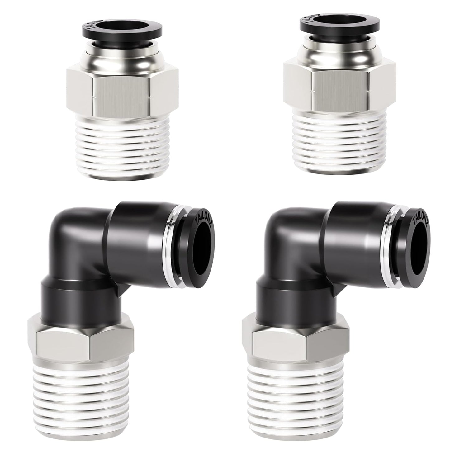 TAILONZ PNEUMATIC Elbow and Straight Combination 3/8 Inch Tube OD x 1/2 Inch NPT Thread Push to Connect Fittings PC-3/8-N4+PL-3/8-N4(Pack of 4)