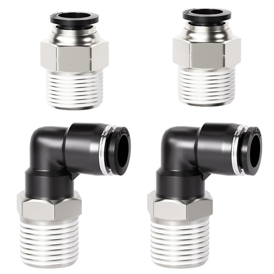 TAILONZ PNEUMATIC Elbow and Straight Combination 3/8 Inch Tube OD x 1/2 Inch NPT Thread Push to Connect Fittings PC-3/8-N4+PL-3/8-N4(Pack of 4)