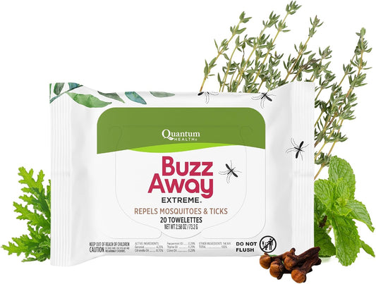 Quantum Health Buzz Away Extreme DEET Free Insect Repellent Wipes - Travel-Friendly Citronella Oil Mosquito & Tick Outdoor Bug Repellent Towelettes, Kids & Adults - 20 Individual Wipes