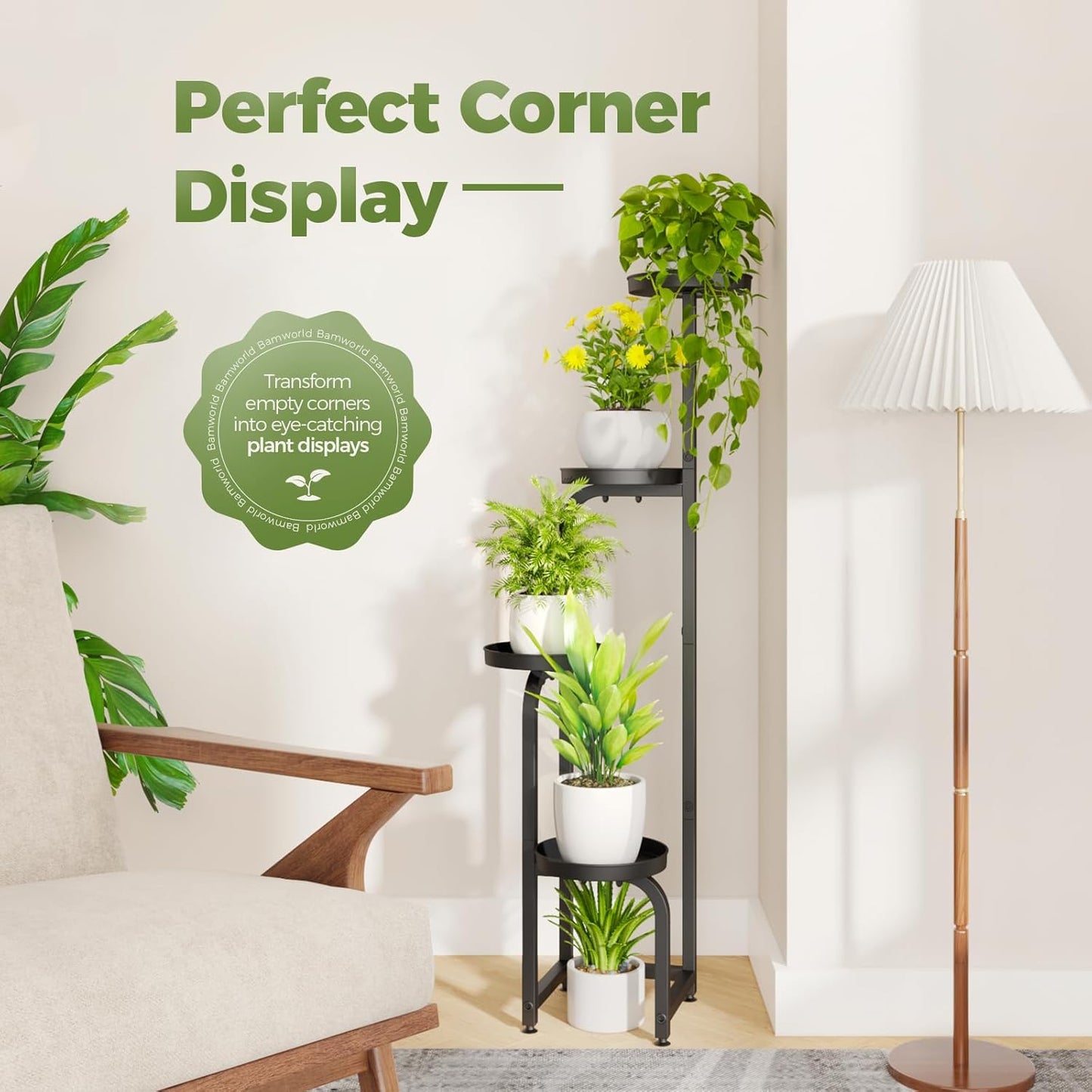 Bamworld Tall Plant Stand Indoor Outdoor, Corner Metal Flower Pot Stands for Multiple Plants, 4 Tier Heavy Duty Plant Shelf for Patio Garden Balcony Living Room Bedroom(Patent Design)