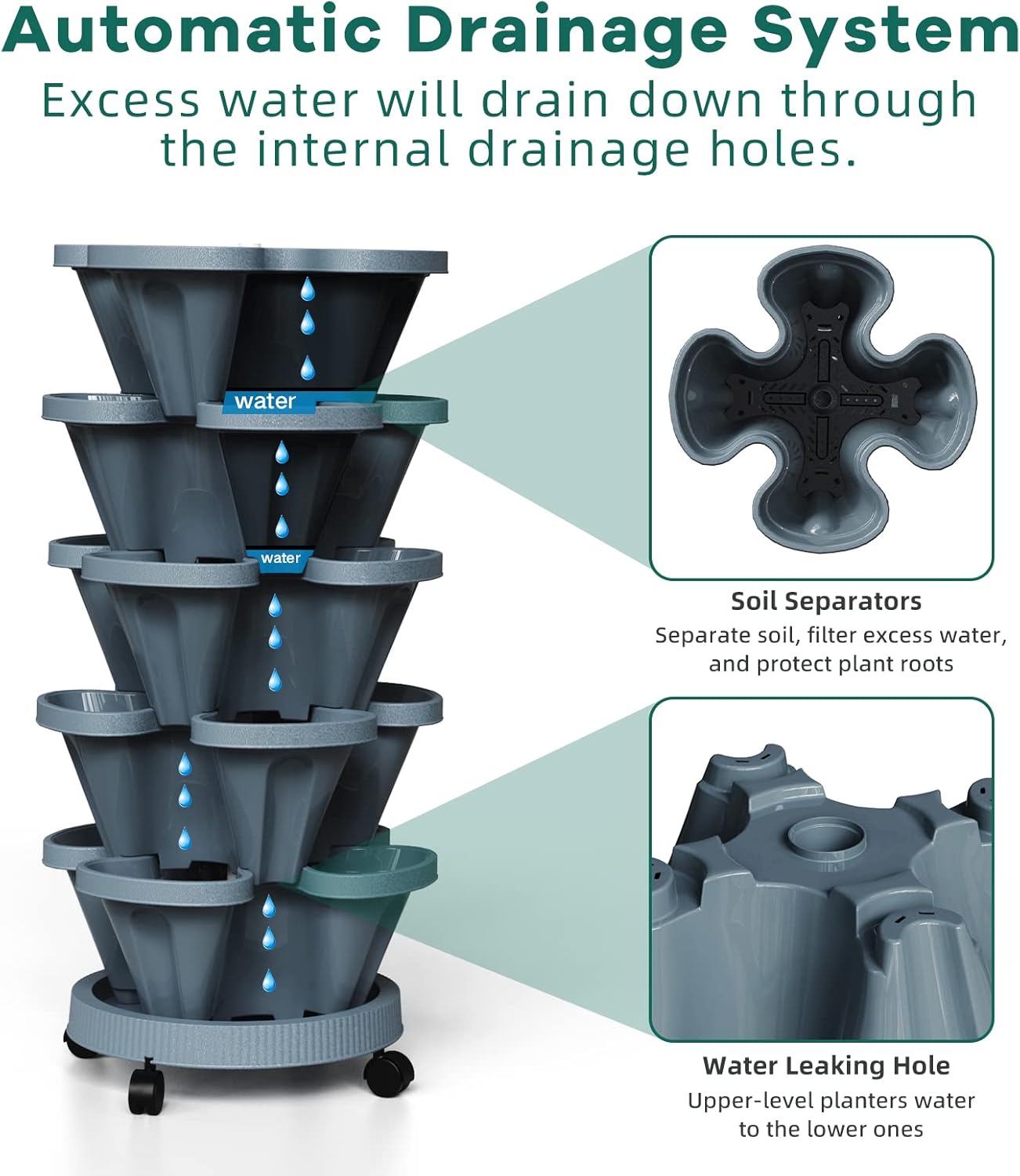 7 Tiered Strawberry Vertical Planter Tower Garden 3 Pack, Stackable Planter Herb Garden Planter with Movable Casters and Bottom Saucer Indoor and Outdoor - Dark Grey