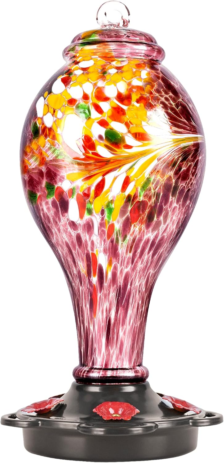 LUJII Hand Blown Glass Hummingbird Feeder for Outdoors Hanging with Ant Guard, 36 fl.oz, Leak Proof & Rustproof, Metal Base with 5 Feeding Ports & 5 Perches, Unique Garden & Backyard Decor (Purple)