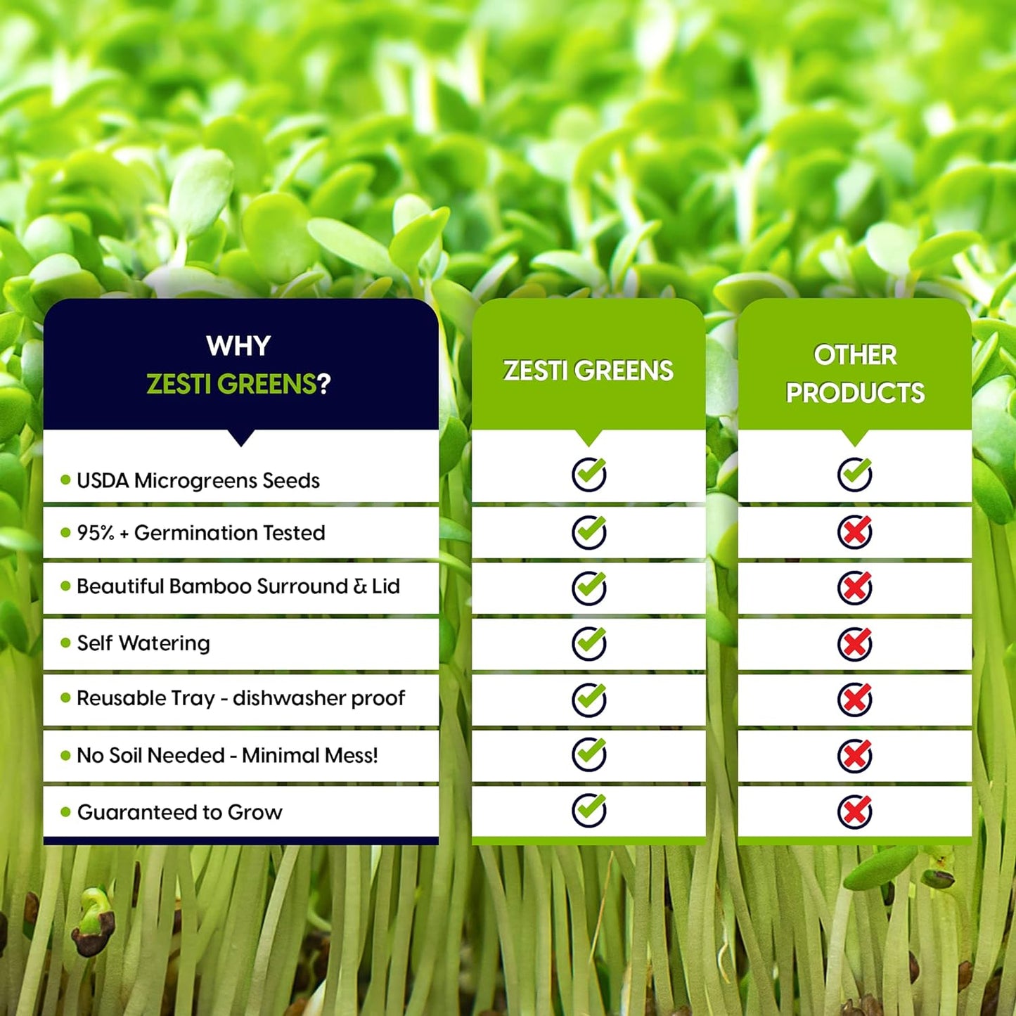 Self-Watering Microgreens Growing Kit – Easiest Way to Grow Fresh Microgreens at Home. Includes Reusable Tray, Organic Seeds, Grow Mats & Stylish Bamboo Frame – No Soil, No Mess (Salad & Broccoli)