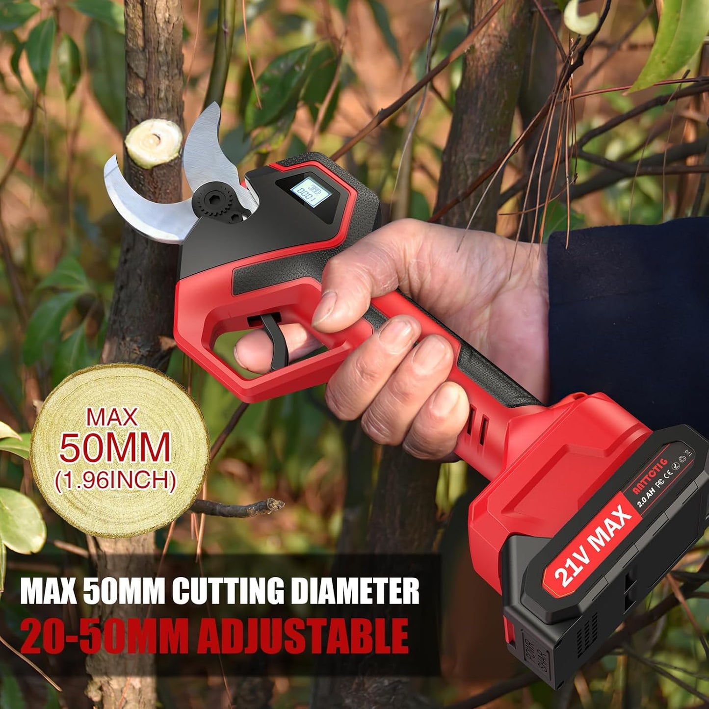 (Upgraded Version) Electric Pruning Shears, 2 Inch (50mm) Cutting Diameter Brushless Motor Cordless Pruning Shears with LED Display, Battery Pruners with Replacement SK7 Blades, 2Pcs Batteries