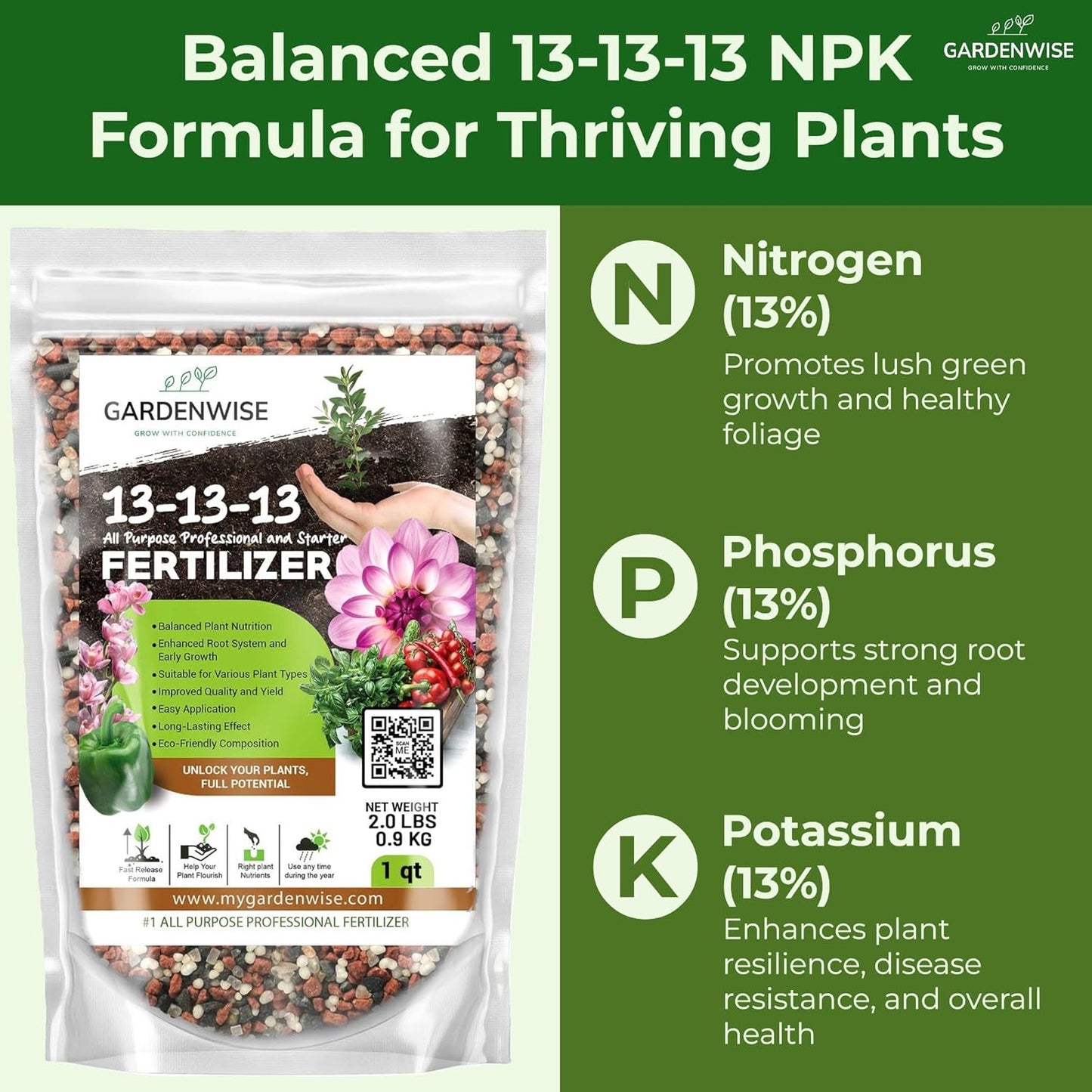 13-13-13 Slow Release Granular Fertilizer – All Purpose Plant Food 13 13 13 for Outdoor Grass, Vegetables, Roses, Flowers, Shrubs, Trees. Lawns, Gardens, Potted Plants (3 quarts)